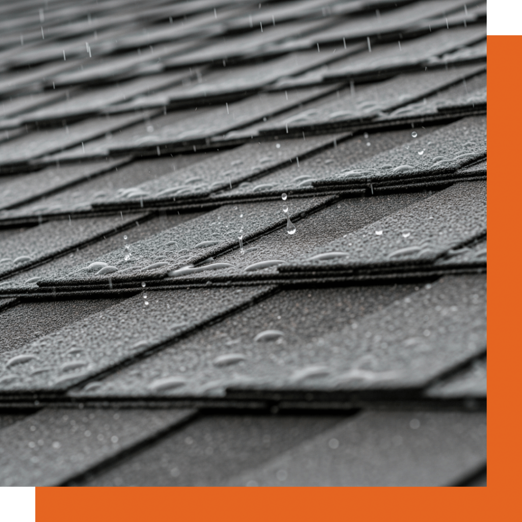 Rain falling on a durable asphalt shingle roof, demonstrating its weather resistance.